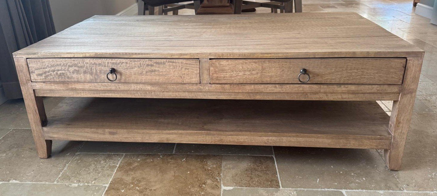 Loberon Salontafel van massief mangohout met lades, Ophalen, 100 tot 150 cm, 50 tot 100 cm, Zo goed als nieuw