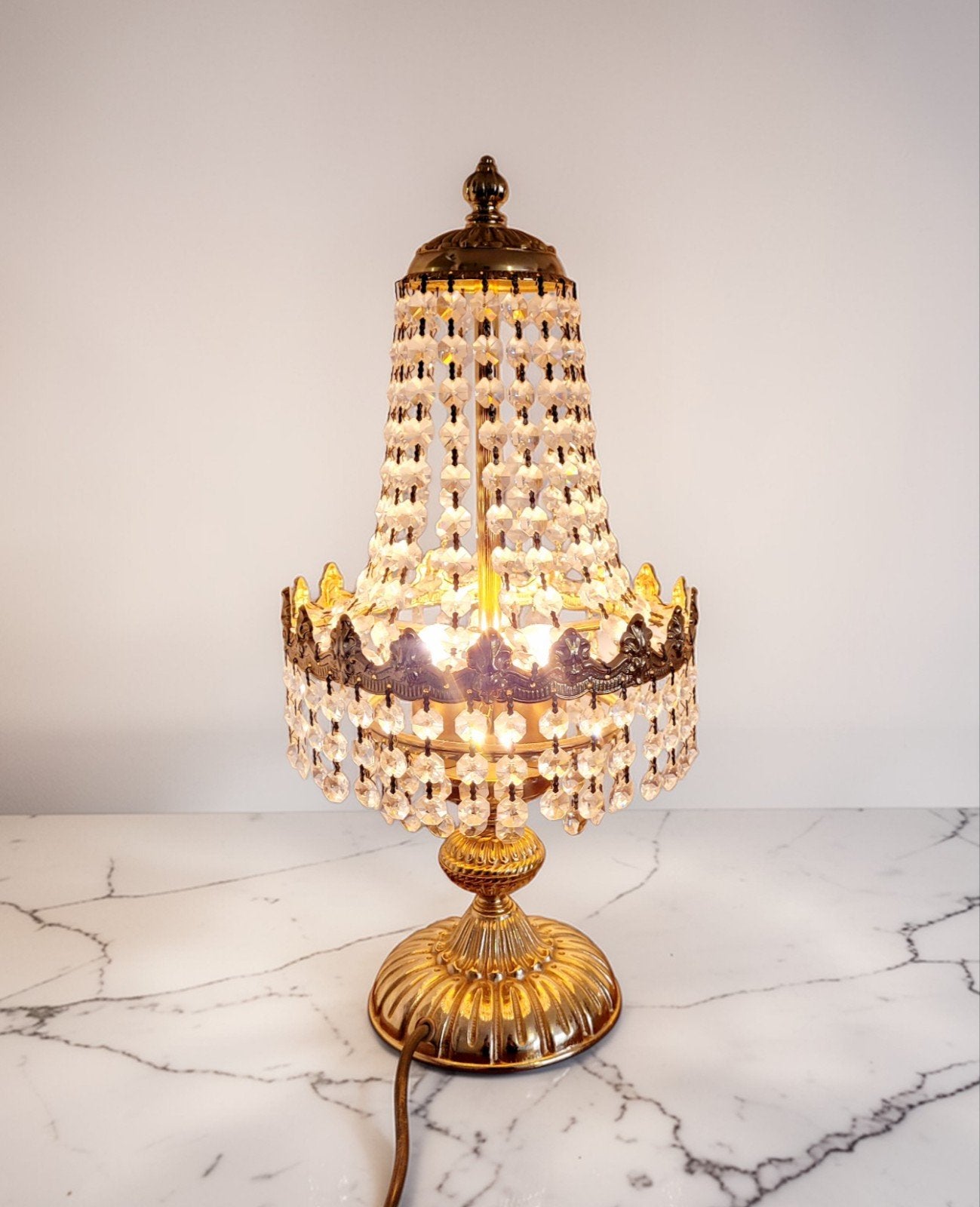 Vintage Hollywood Regency tafellamp met echt kristal, Ophalen of Verzenden