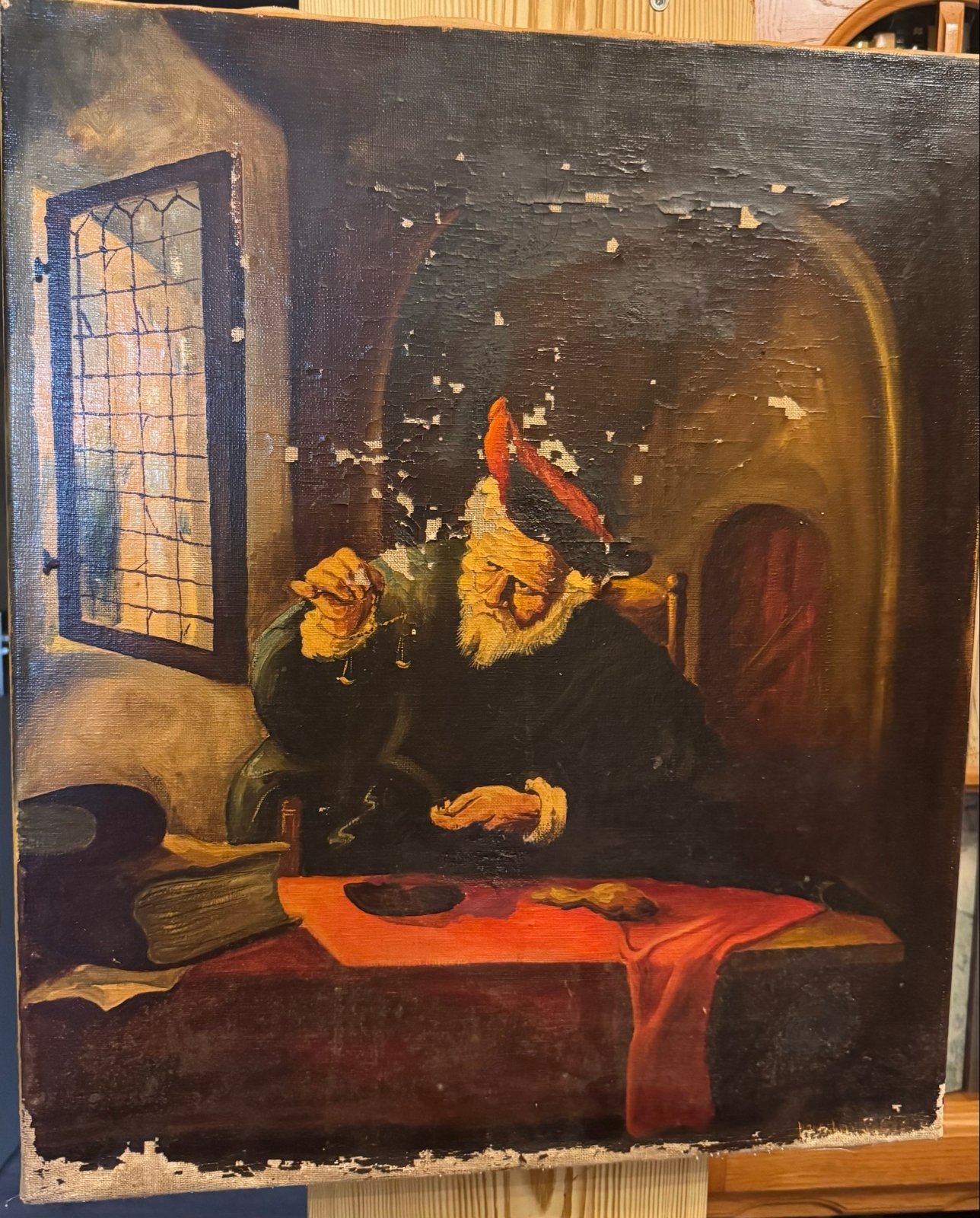 Oud schilderij voor restauratie: De Geldwisselaar, Doek, Portret of Personen, Ophalen of Verzenden, Olieverf