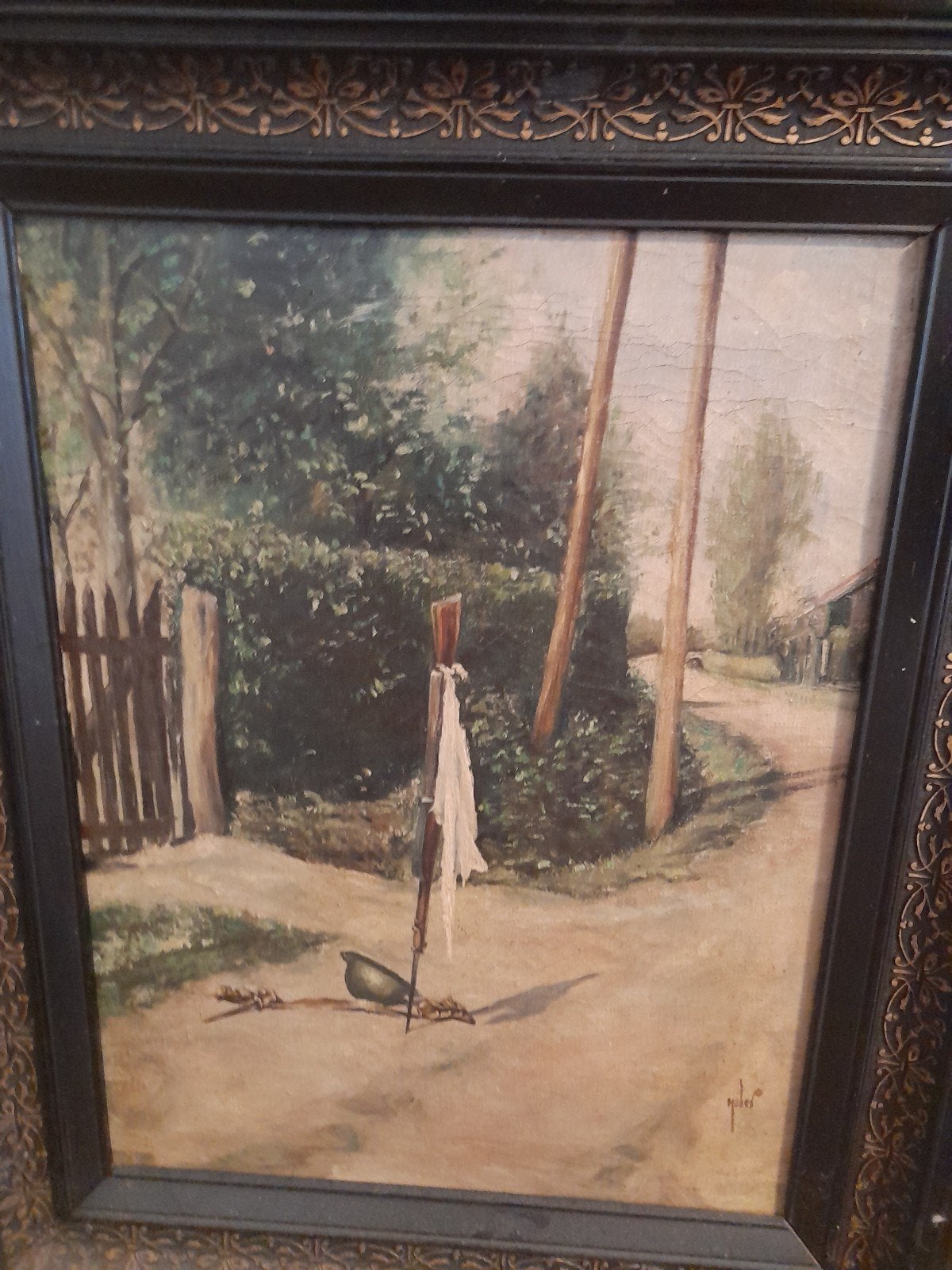 Olieverfschilderij: Landweg met hek en paal, Antiek en Kunst, Kunst | Schilderijen | Klassiek, Doek, Realistisch, Origineel werk