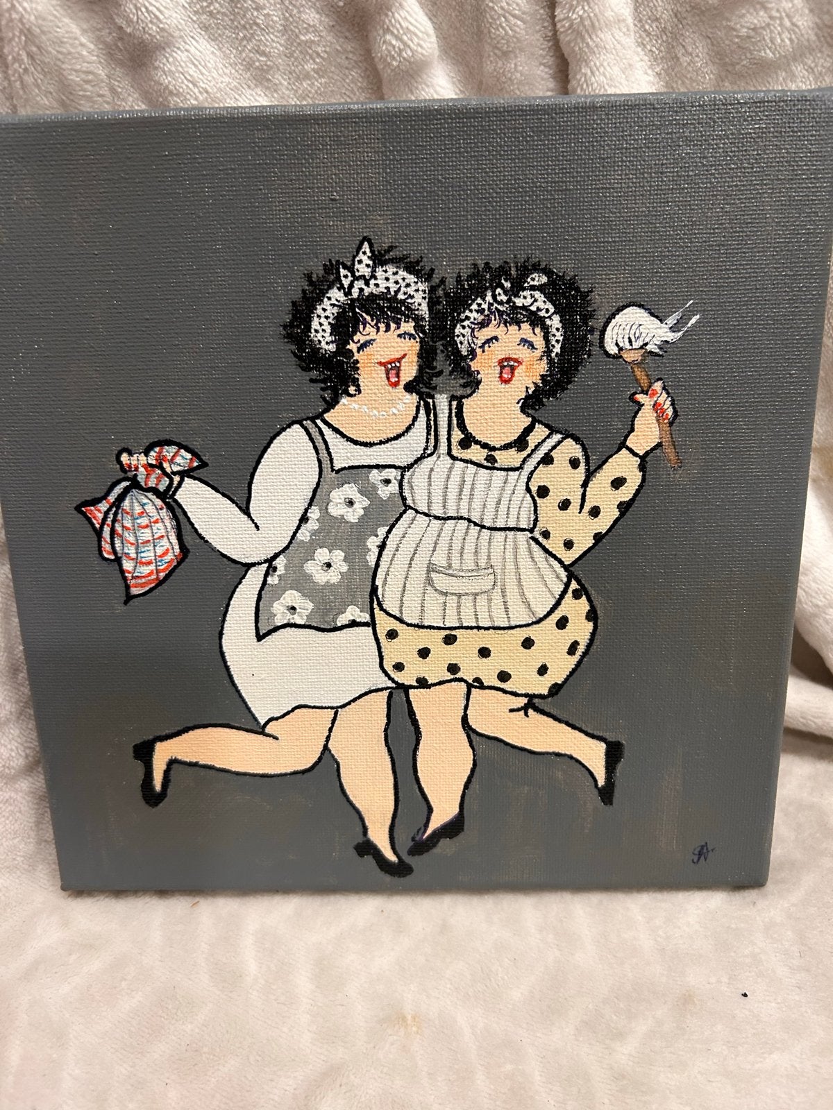 20x20 cm Dikke Dames Look-alike Schilderijtjes, Antiek en Kunst, Handgeschilderd, Ophalen of Verzenden, Textiel, Figuren
