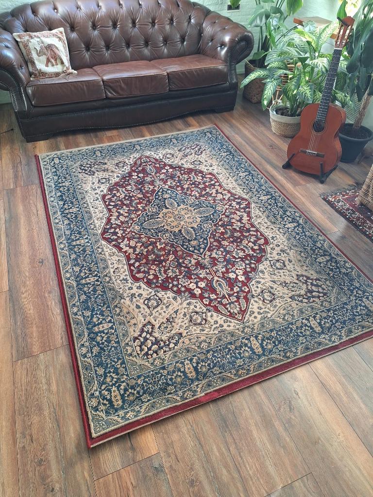 Vintage vloerkleed 160x230 cm – Wijnrood/Blauw – Klassiek, Ophalen, Gebruikt, Blauw, 150 tot 200 cm