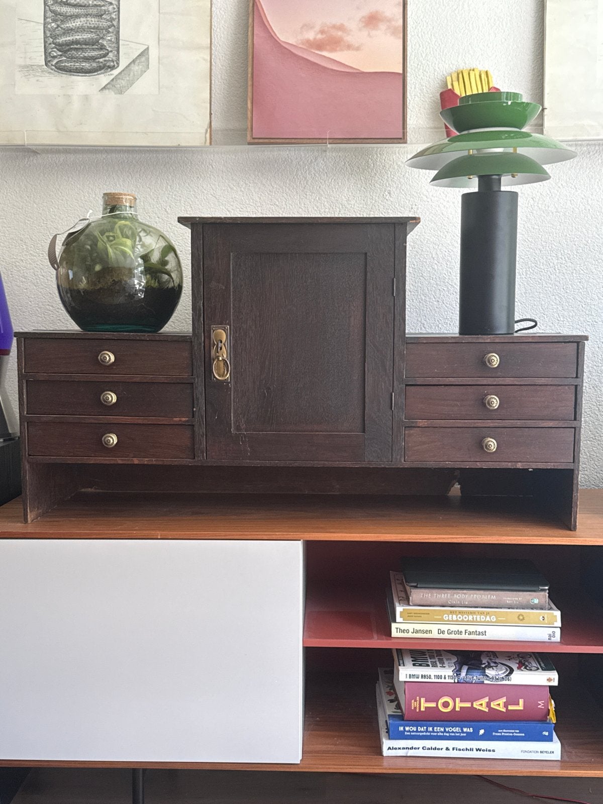 Antieke houten mini-ladekast met deurtje en sleutel, Ophalen