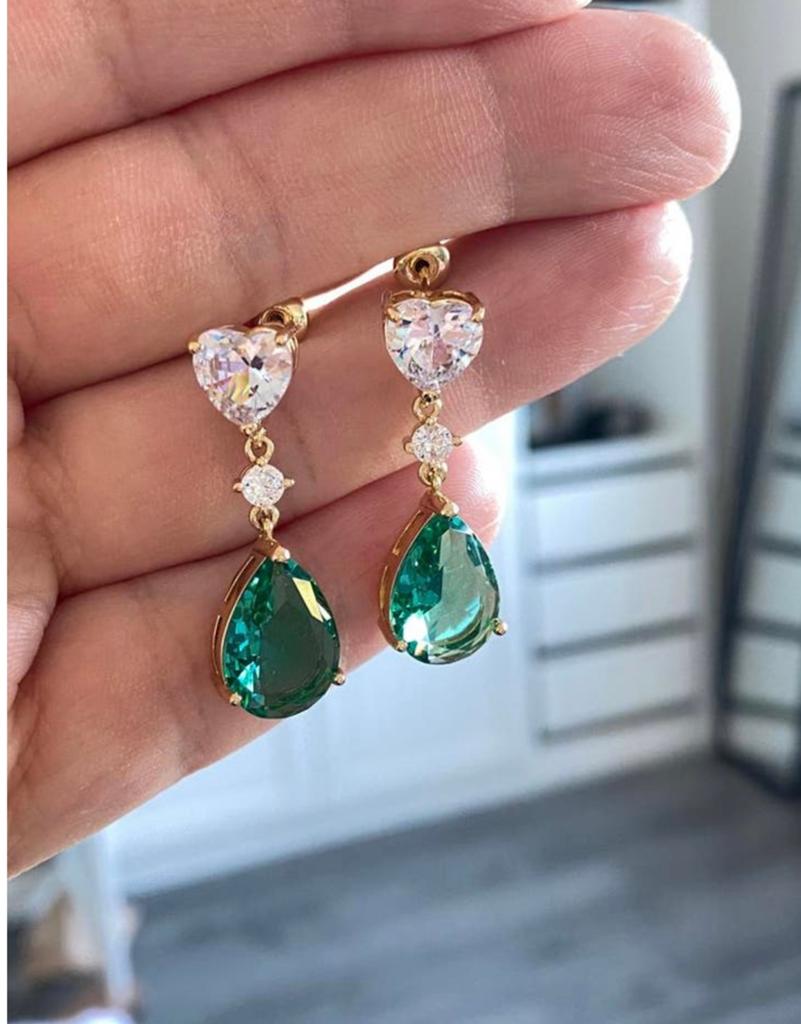 Elegante gouden oorbellen met smaragdgroene en heldere stene, Overige materialen, Hangers, Verzenden, Nieuw