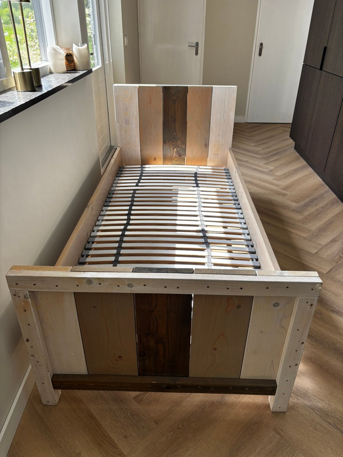 1-persoons steigerhout bed, Ophalen, 90 cm, Steigerhout, Zo goed als nieuw