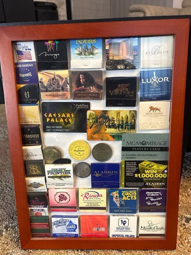 Unieke collectie lucifermapjes Las Vegas in lijst, Ophalen, Gebruikt