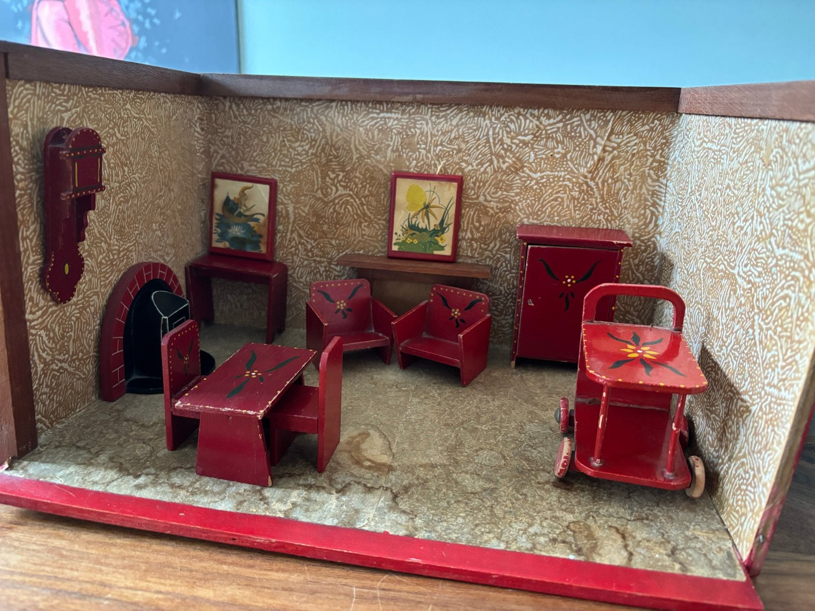 Vintage jaren 50 poppenhuis en meubels.Hout, handgeschilderd, Ophalen of Verzenden, Gebruikt, Accessoires