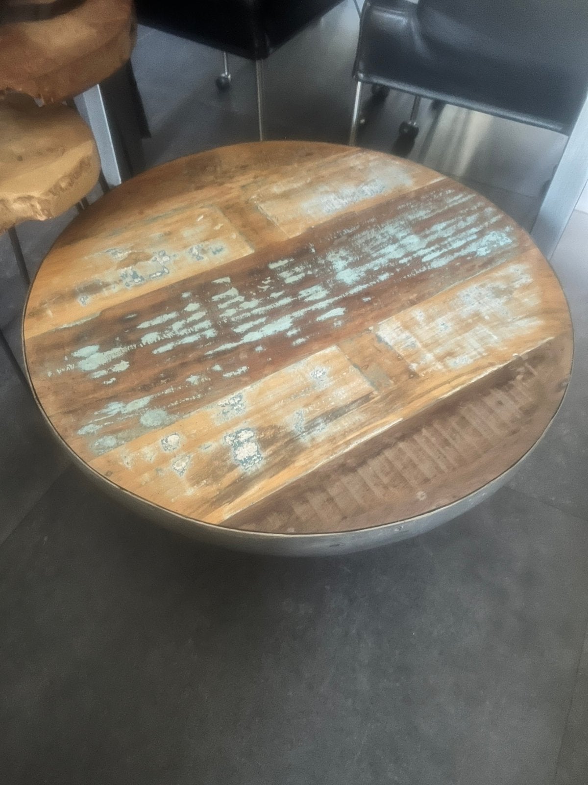 Salon tafel bol ijzer hout, Huis en Inrichting, Tafels | Salontafels, Ophalen, Zo goed als nieuw, Rond, 50 tot 100 cm