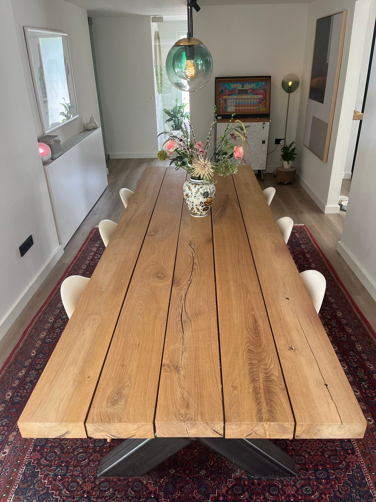 Robuuste eettafel eiken 300x100 cm met metalen X-poten, Ophalen, 200 cm of meer, 50 tot 100 cm, Zo goed als nieuw