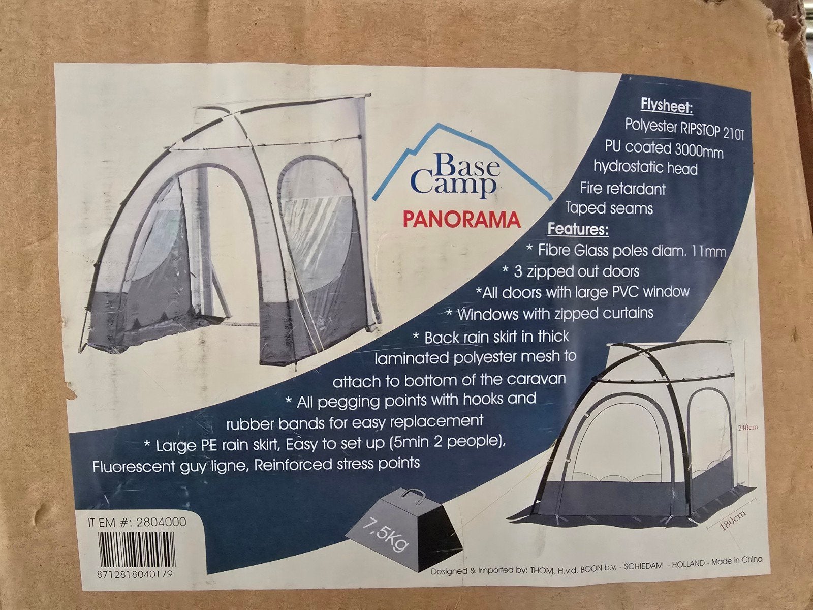 Base Camp Panorama voortent/luifel - 7.5kg, Caravans en Kamperen, Ophalen of Verzenden, Zo goed als nieuw, Tot en met 4