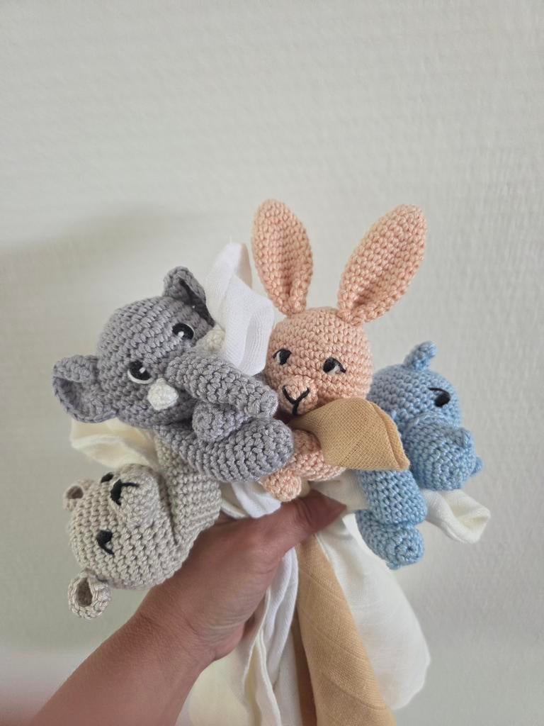 Gehaakte Knuffeldoekjes : Konijn, Olifant, Nijlpaard, Bee, Kinderen en Baby's, Speelgoed | Knuffels en Pluche, Overige merken