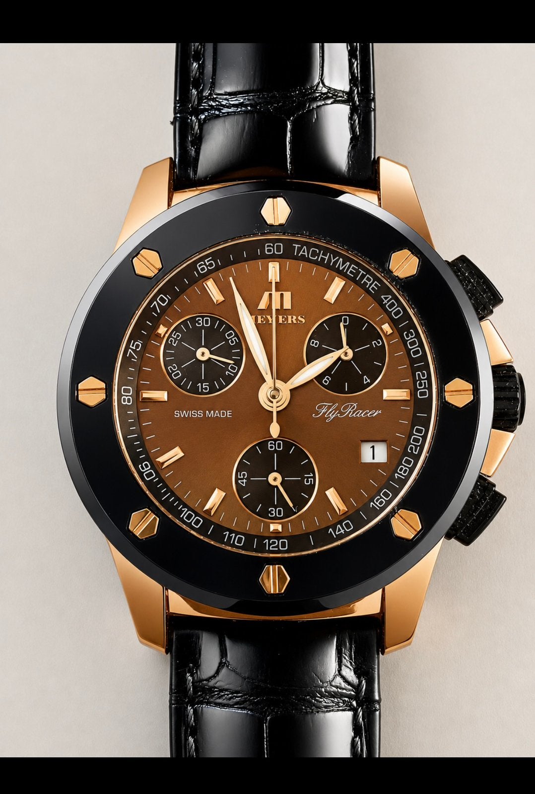 Meuers Fly Raser chonograaf/ limited edision, Sieraden, Tassen en Uiterlijk, Horloges | Heren, Ophalen, Zo goed als nieuw, Leer