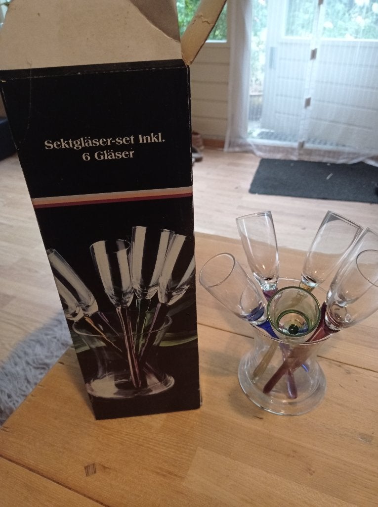 set van 6 vintage gekleurde champagneglazen in vaas, Ophalen of Verzenden