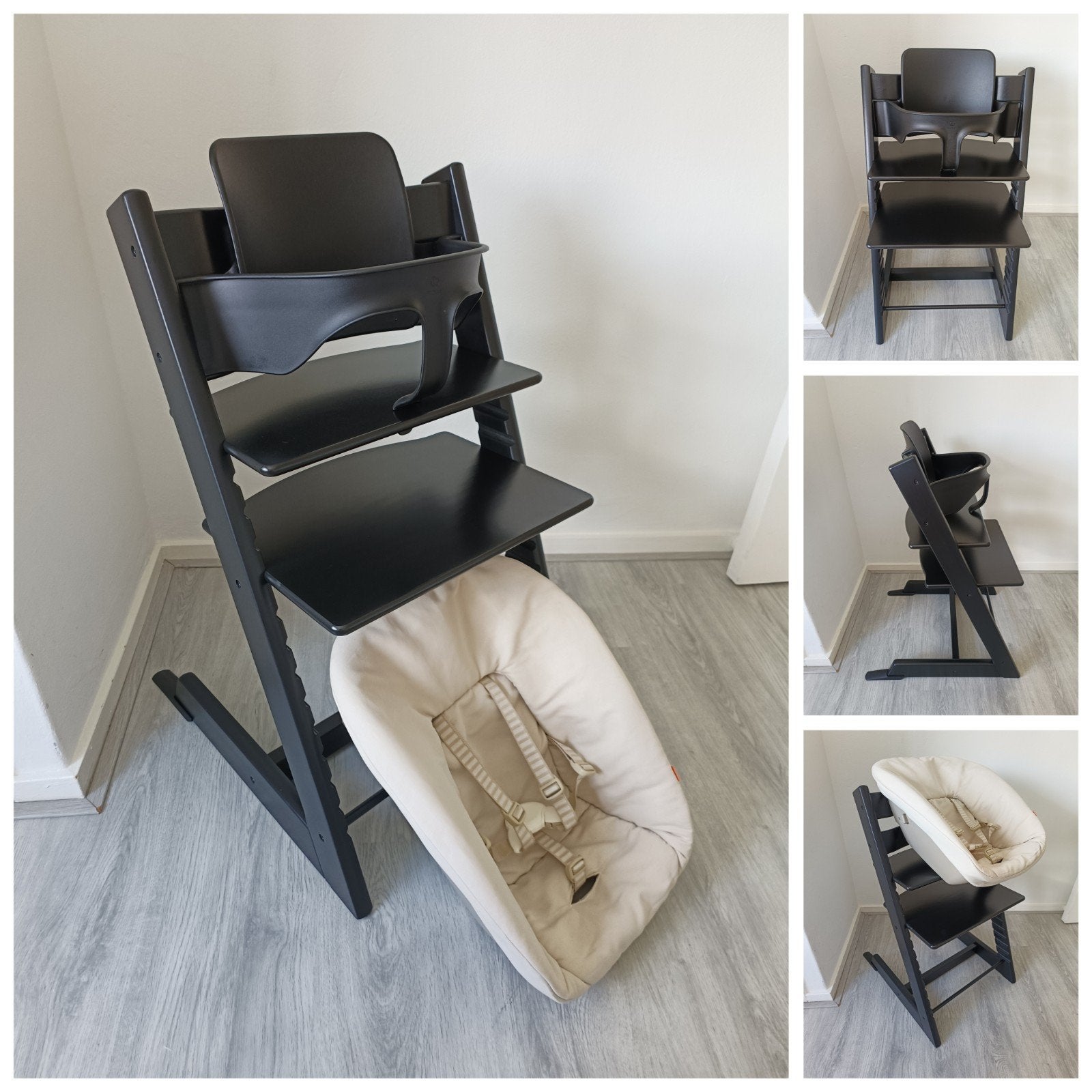 ZGAN!Stokke Tripp Trapp zwart 3 jaar oud+babyset,newbornset, Meegroeistoel, Ophalen of Verzenden, Zo goed als nieuw, X