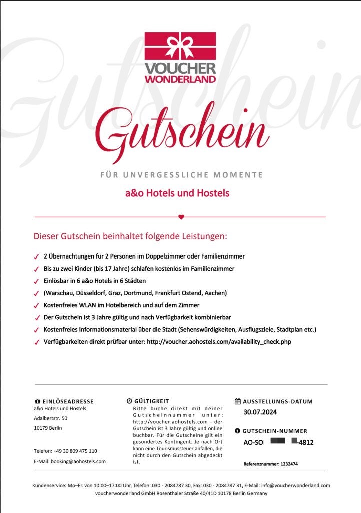 a&o Hotels & Hostels Voucher, 2 nachten, 2 pers + 2 kinderen, Tickets en Kaartjes, Drie personen of meer, 2 overnachtingen