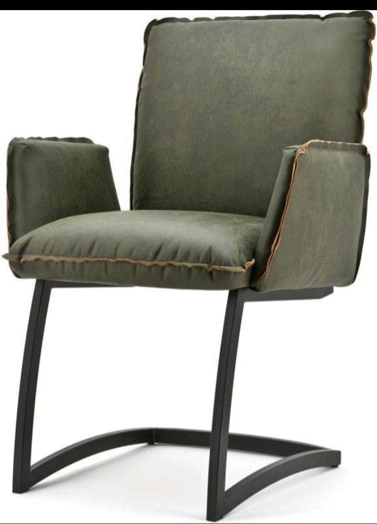 2 donkergroene leren eetkamerstoelen met metalen frame, Ophalen, Twee, Overige kleuren, Leer