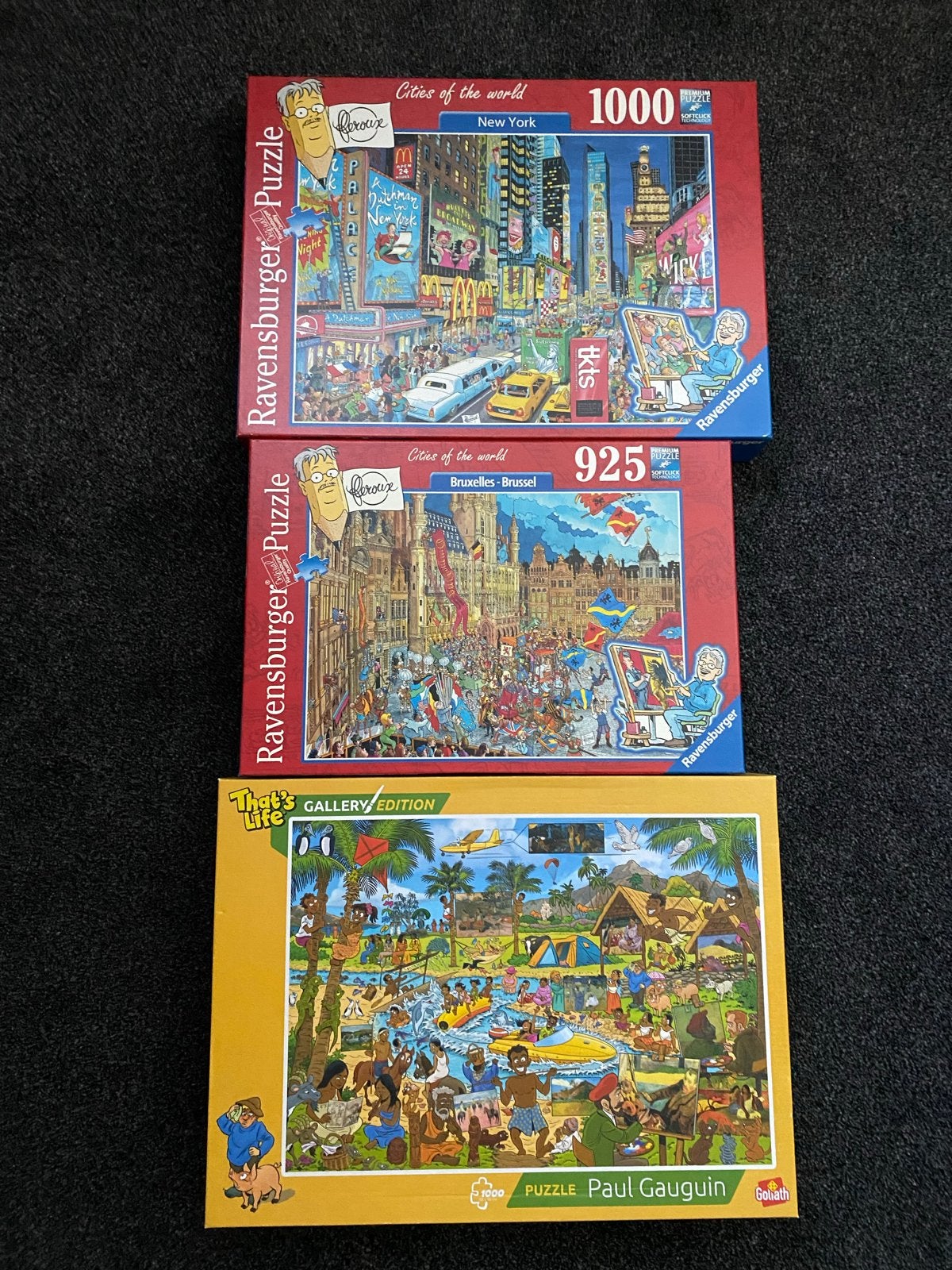 3 Ravensburger & Goliath Legpuzzels: New York, Brussel, Paul, Ophalen of Verzenden, 500 t/m 1500 stukjes, Gebruikt, Legpuzzel