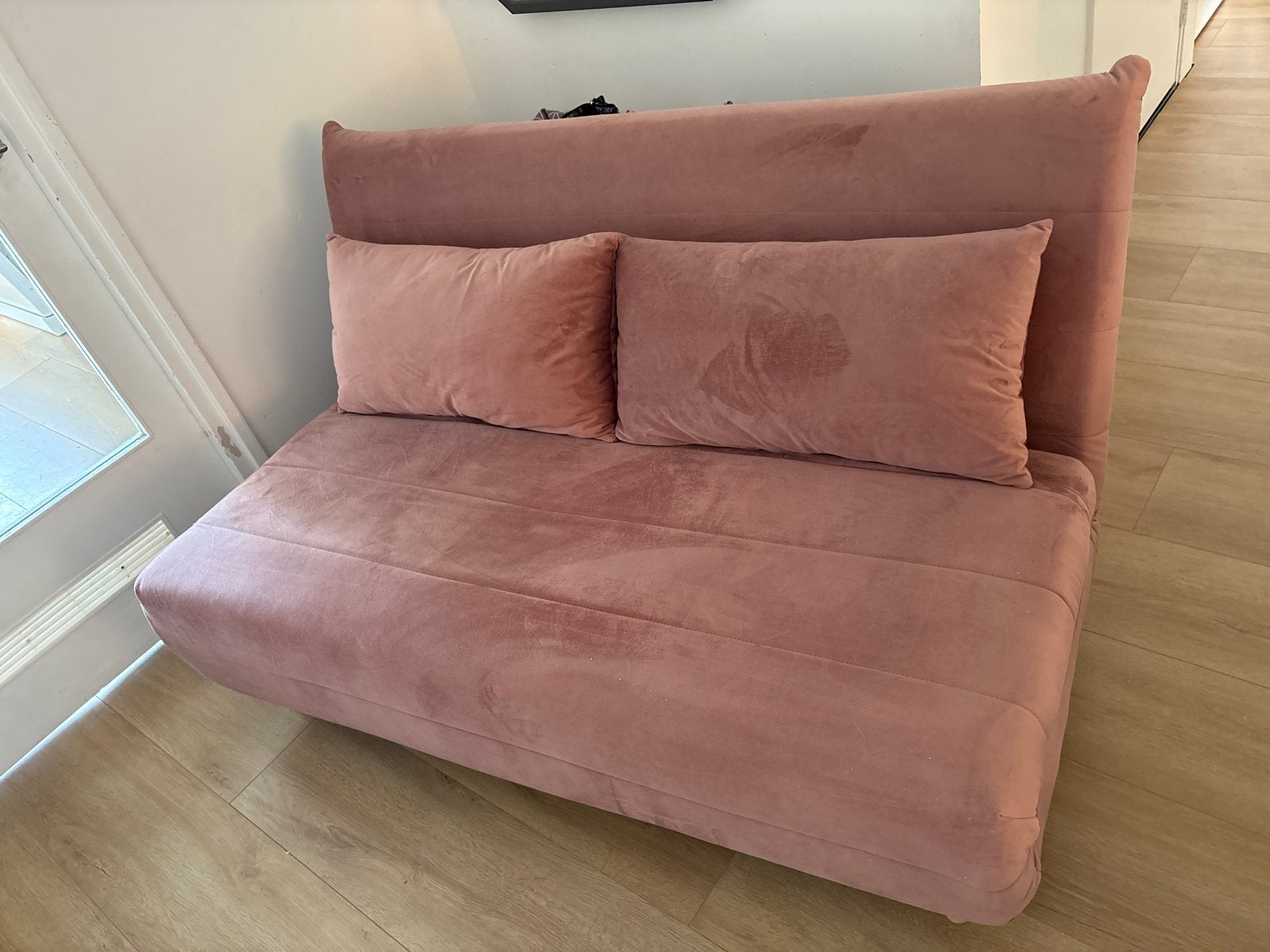 Roze slaapbank/futon met verstelbare rugleuning, Ophalen, Gebruikt, Tweepersoons, Roze