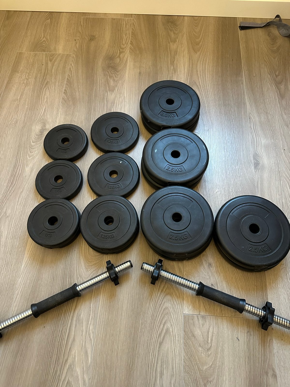 Halterset met 29kg aan gewichtschijven, Sport en Fitness, Fitnessmaterialen, Gebruikt, Halterset, Armen, Ophalen