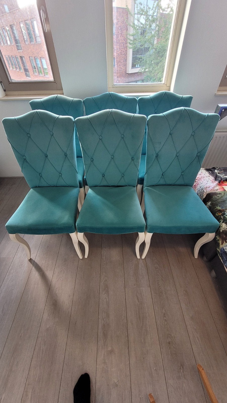 Barokstijl Eetset: 6 Blauw Fluweel Stoelen & Glazen Tafel, Ophalen, Gebruikt, Barokstijl, 4 tot 6 stoelen
