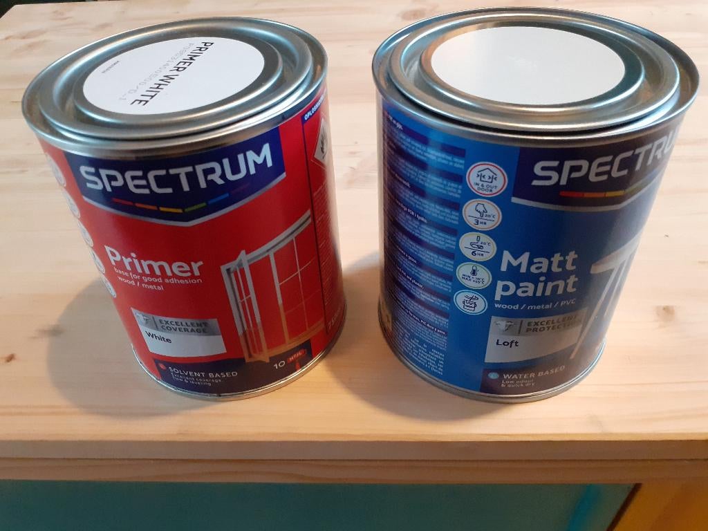Twee potten verf van Spectrum (Primer en lak Loft), Wit, Nieuw, Ophalen of Verzenden, Verf