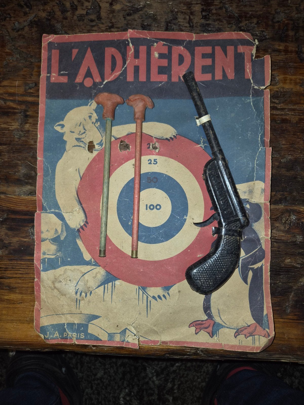 Vintage L'Adhérent schietspel met pistool en pijlen, Ophalen of Verzenden, Gebruikt, Jongen of Meisje