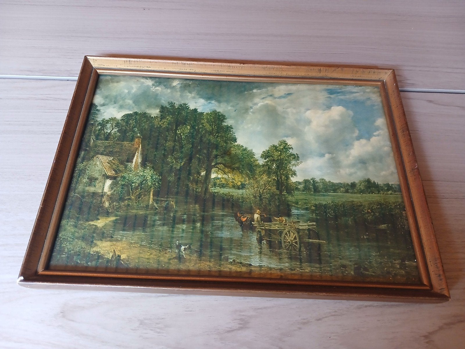 Klassiek Landschap Schilderij  print met Boerderij en Water, Antiek en Kunst, Kunst | Schilderijen | Klassiek, Ophalen of Verzenden