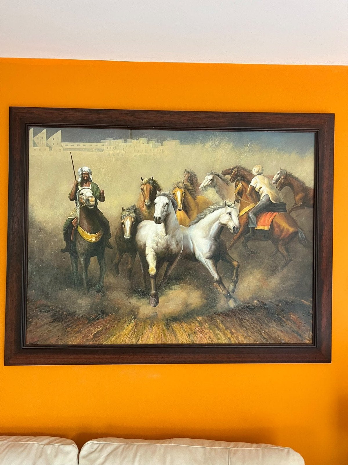 Schilderij met rennende paarden en ruiters, Ophalen