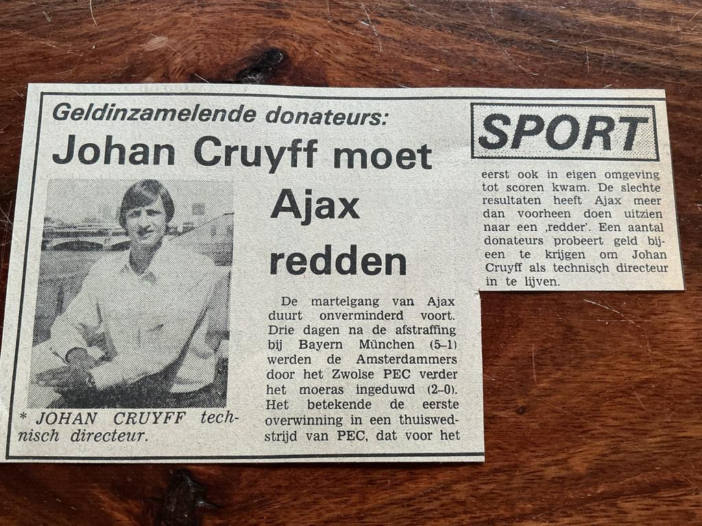 Voetbal krantenartikel Cruijff moet Ajax redden 1980, Ophalen of Verzenden, Knipsel(s)