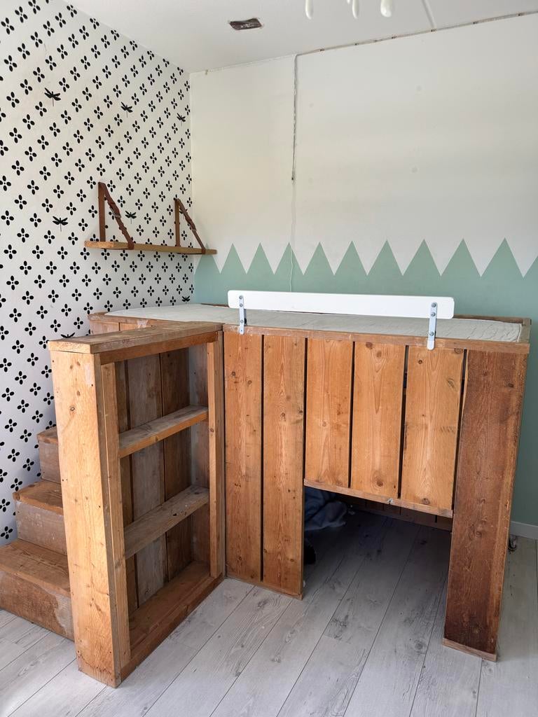 Steigerhouten Hoogslaper 1-persoons met Speelplek, Ophalen of Verzenden, Gebruikt, Hoogslaper
