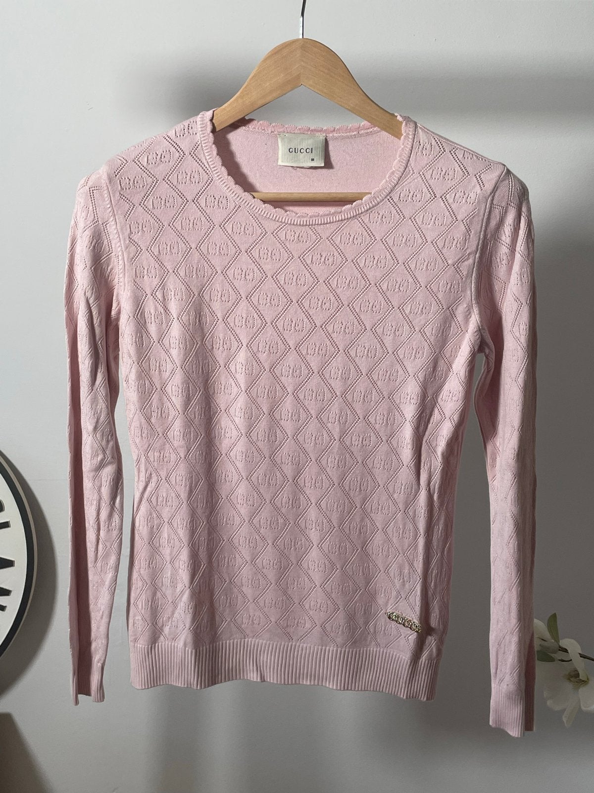 Gucci roze trui met GG-patroon en logo-detail, Kleding | Dames, Ophalen of Verzenden, Zo goed als nieuw, Maat 36 (S), Roze