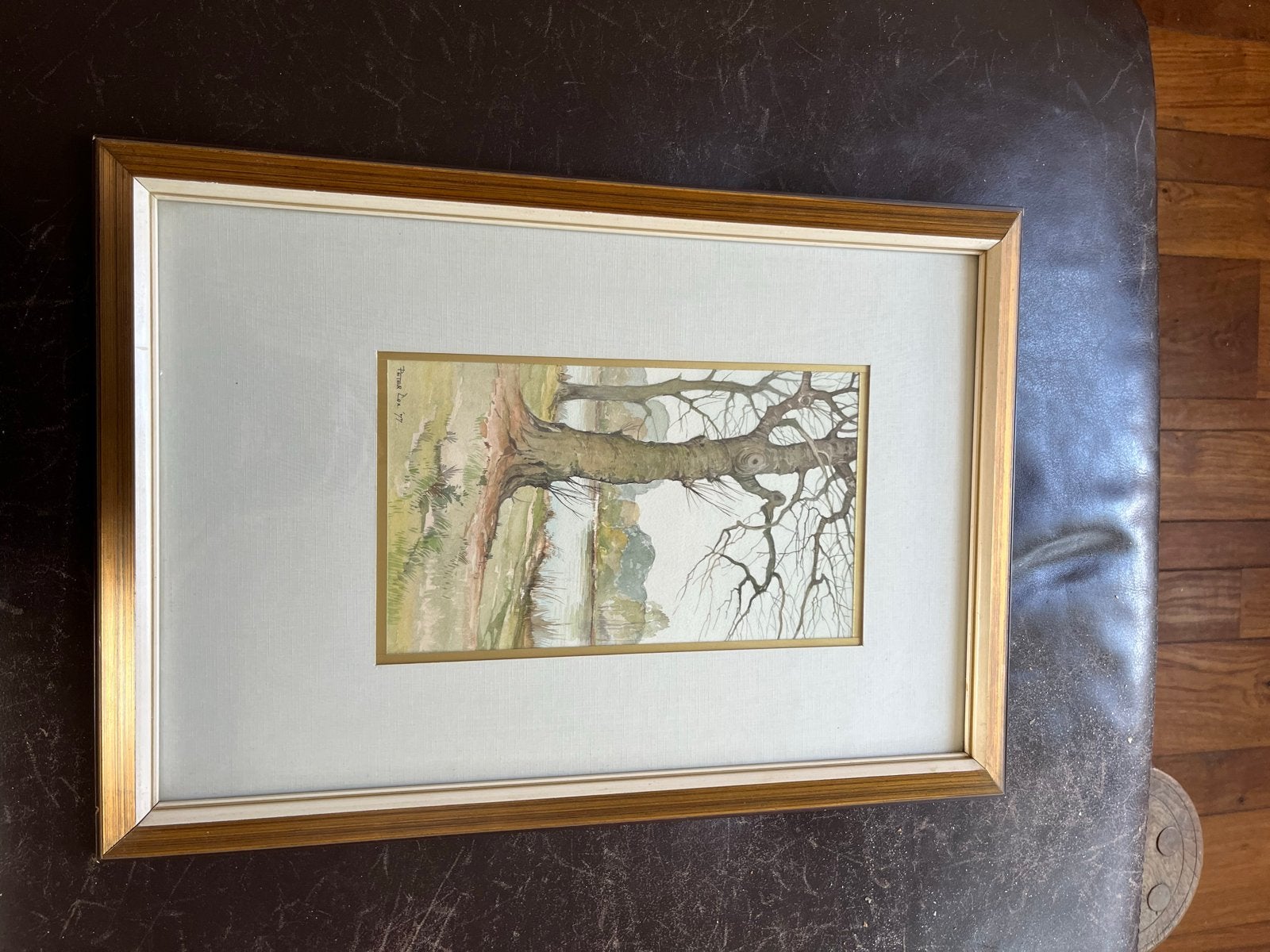 Ingelijste aquarel van boom aan water - Landschap, Antiek en Kunst, Realistisch, Landschap, Aquarel, Papier