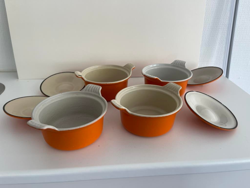 4 oranje le creuset gietijzeren kleine pannetjes met deksel, Ophalen, Gebruikt, Gietijzer, Koekenpan of Braadpan