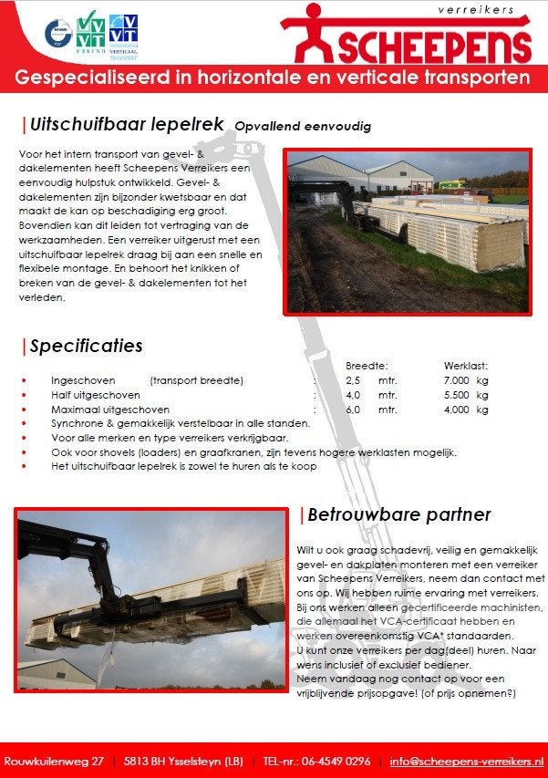 Uitschuifbaar lepelrek 7.000 kg, Ophalen, Verreiker