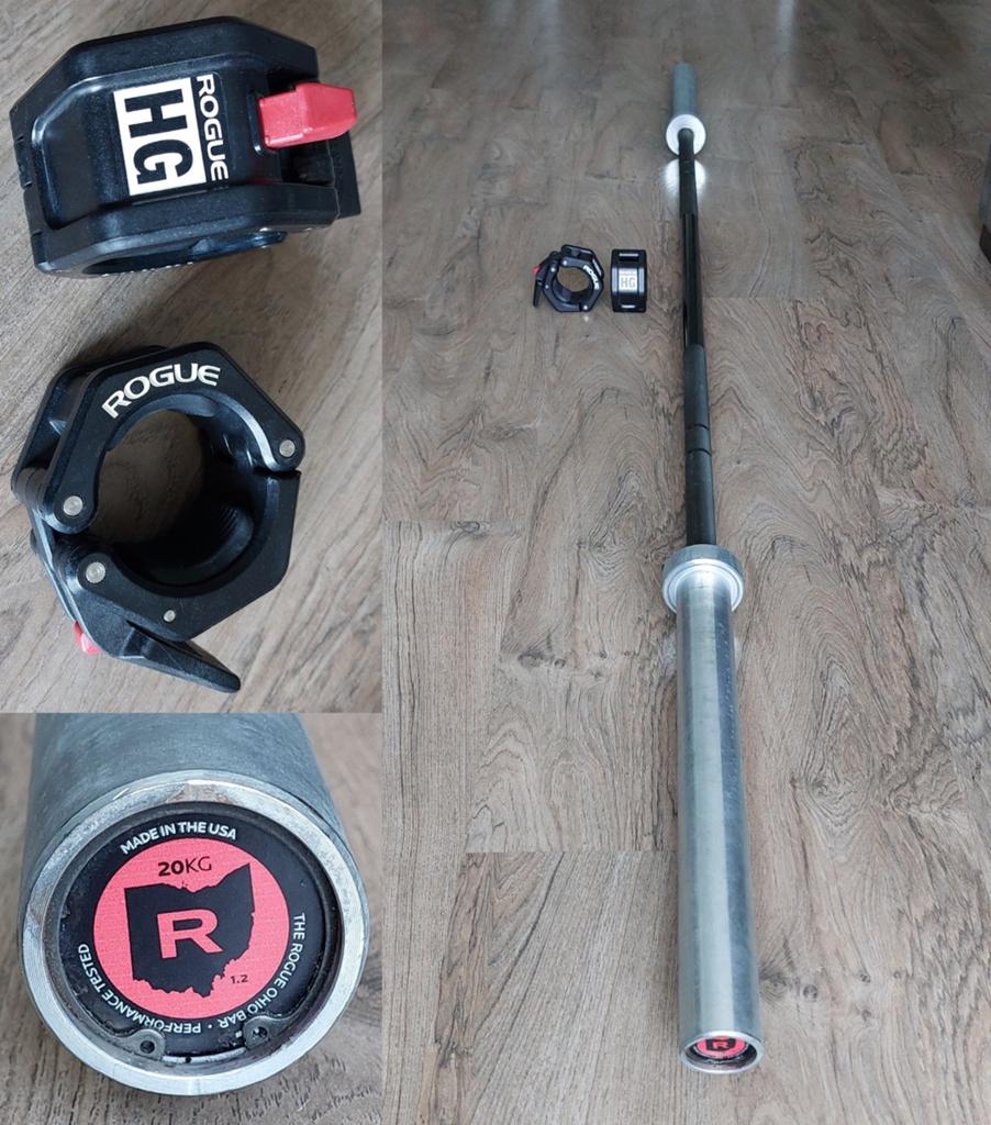 Rogue Ohio Black Zinc 220cm bar en Rogue HG 2.0 collars., Ophalen, Gebruikt, Benen, Halterstangen