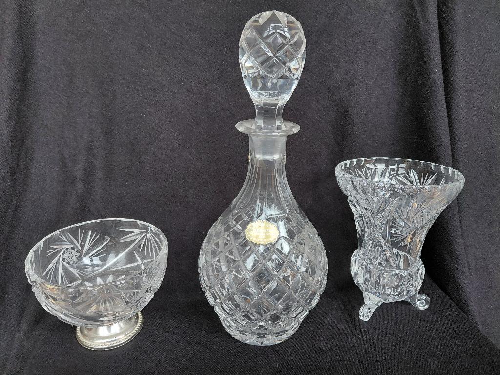 kristallen karaf & kom verzilverde voet & vaasje vintage, Antiek en Kunst, Antiek | Glas en Kristal, Ophalen of Verzenden