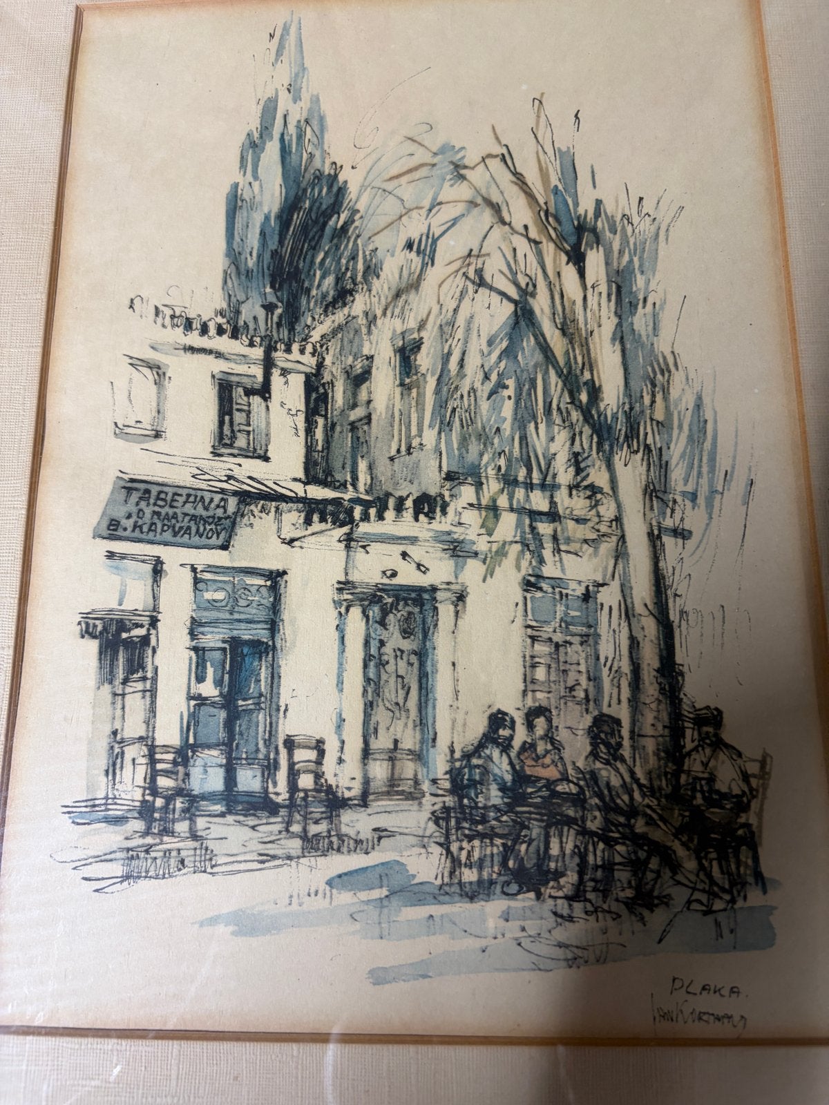 Vintage prent 'Plaka' door Jan Kortmala - Ingelijst, Antiek en Kunst, Kunst | Tekeningen en Foto's, Ophalen of Verzenden, Tekening