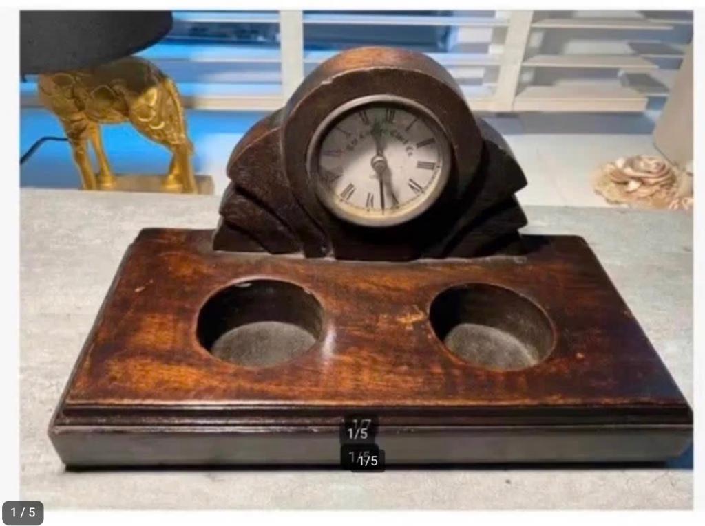 Brocante bureau klok met 2 vakjes/ bakjes hout, Ophalen of Verzenden