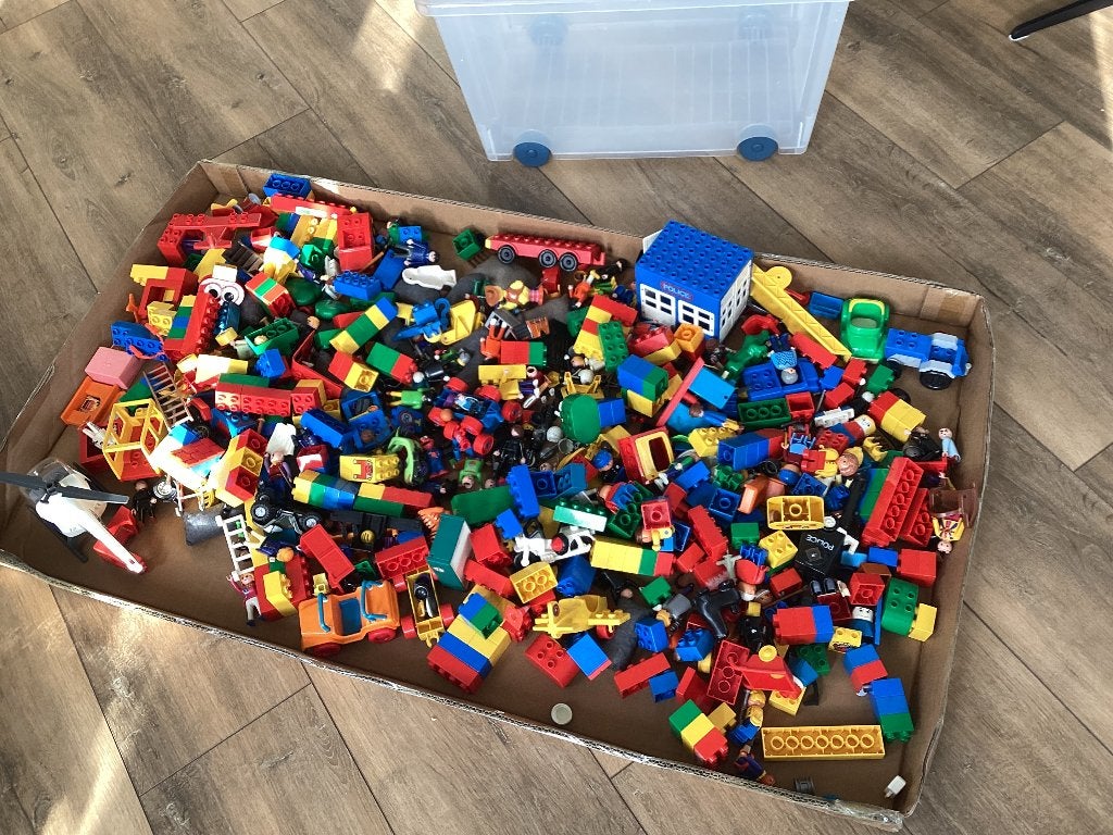 Grote bak vol Duplo en Playmobil, Ophalen, Gebruikt, Inclusief doos, Duplo