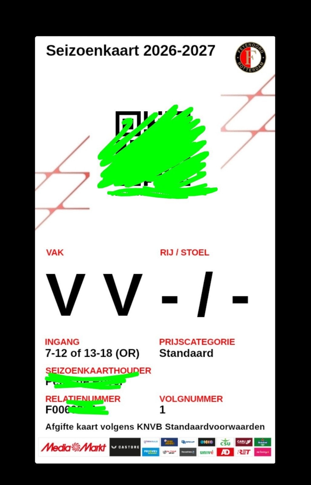 Feyenoord Ado, zondag 30aug, vak VV, Eén persoon