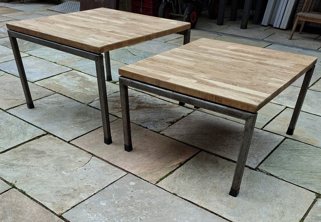 2 salontafels eikenblad/metaalonderstel passen onder elkaar, Ophalen, 100 tot 150 cm, 50 tot 100 cm, Eikenhout