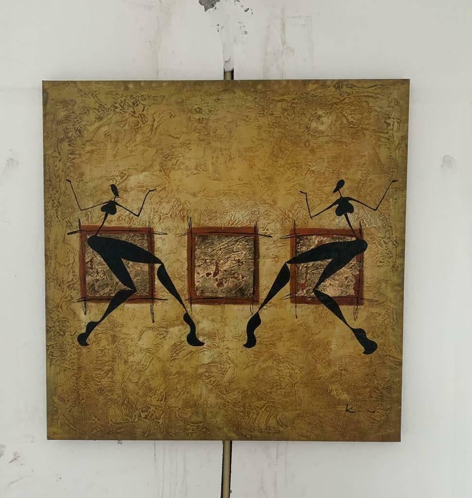 Schilderij oker rood zwart goud 80 x 80 cm, Antiek en Kunst, Ophalen