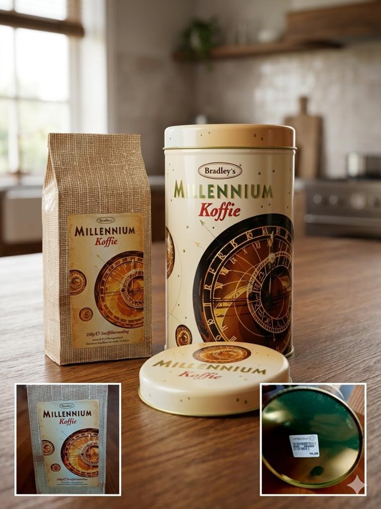 Bradley’s Millennium Koffie blik (vol!) + originele zak, Ophalen, Gebruikt, Koffie