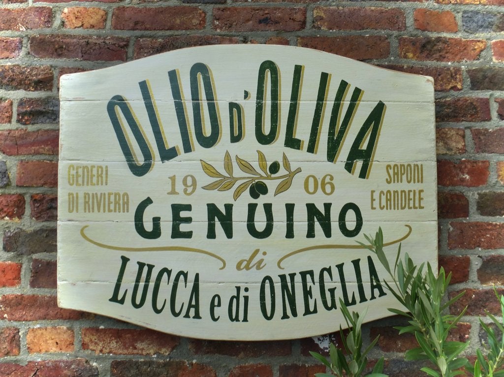 Handgeschilderd vintage reclame bord / Olijfolie / Italië, Reclamebord, Ophalen of Verzenden, Zo goed als nieuw, B6