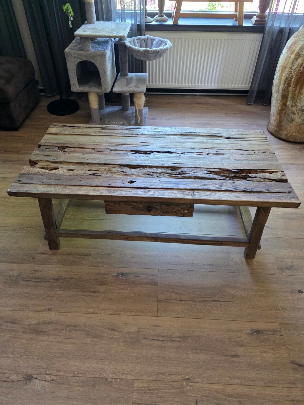 Houten, robuuste, stoere en sobere salontafel met la, Huis en Inrichting, Tafels | Salontafels, Ophalen, 100 tot 150 cm, Sober, landelijk