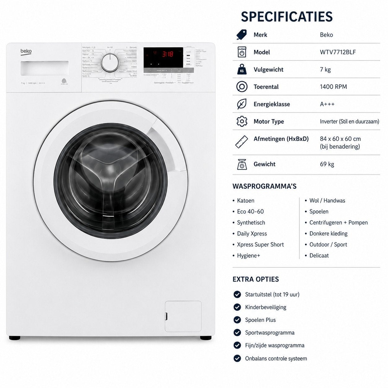 Beko WTV7712BLF Wasmachine - 4 jaar oud, goed onderhouden, Witgoed en Apparatuur, Wasmachines, Gebruikt, Ophalen of Verzenden