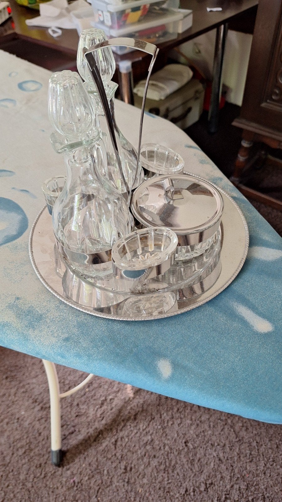 Vintage Glazen Olie & Azijn Set met Zilveren Houder, Antiek en Kunst, Antiek | Glas en Kristal, Ophalen of Verzenden