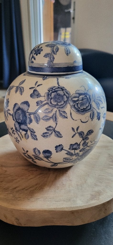 Grote gemberpot met blauw-wit bloemmotief, Ophalen of Verzenden