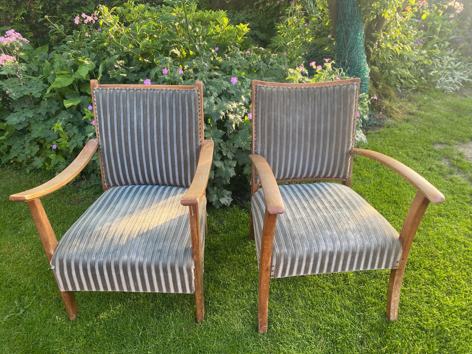 Set van 2 vintage fauteuils met gestreepte bekleding, Antiek en Kunst, Antiek | Meubels | Stoelen en Banken, Ophalen