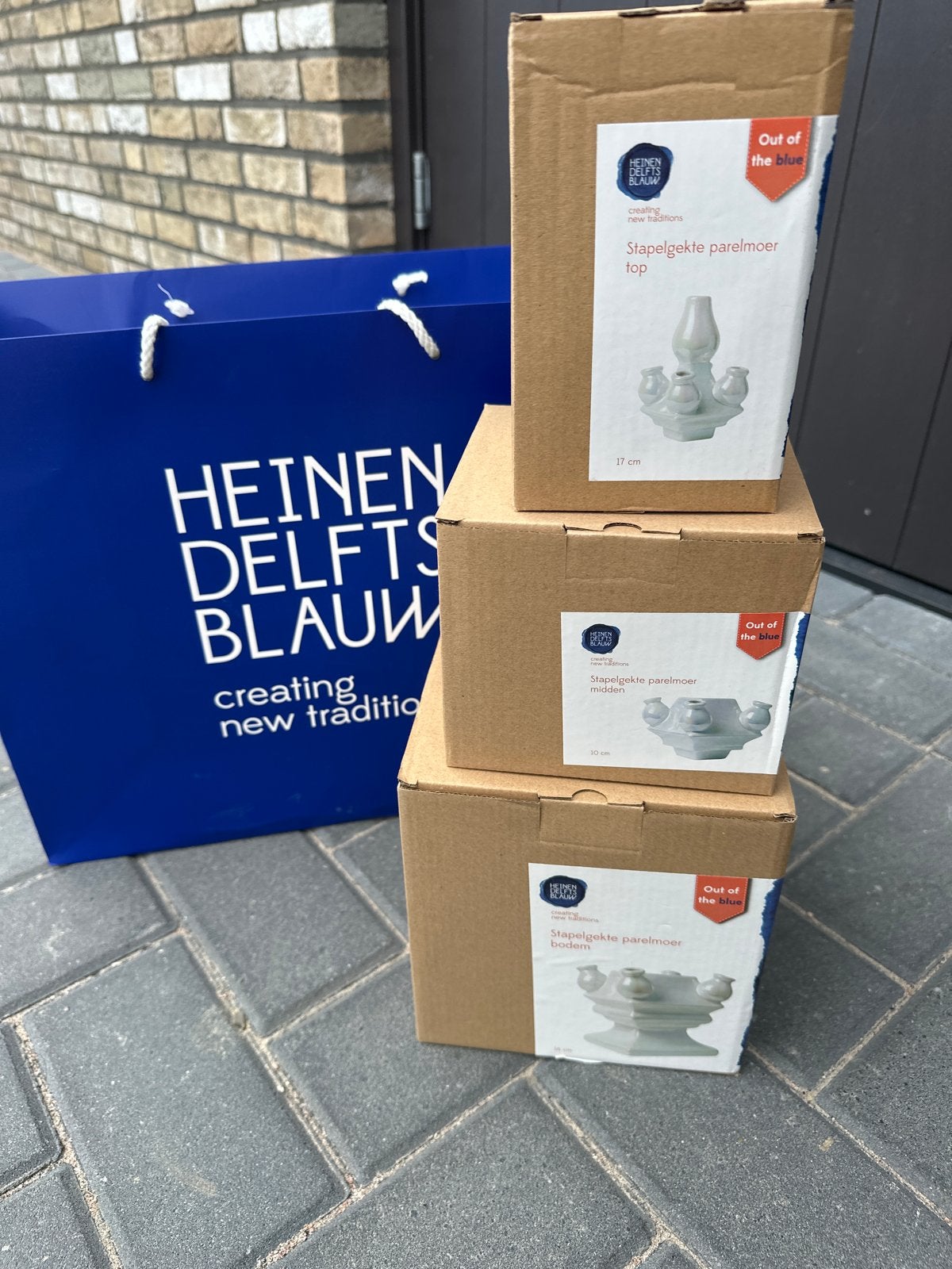 Heinen Delfts Blauw Stapelgekte Parelmoer Set, Ophalen of Verzenden, Overige kleuren, Steen/keramiek